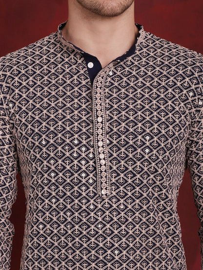 Men’s Geometric Embroidered Pure Cotton Straight Kurta with Pyjamas – Subtle Spark & Style