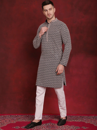 Men’s Geometric Embroidered Pure Cotton Straight Kurta with Pyjamas – Subtle Spark & Style