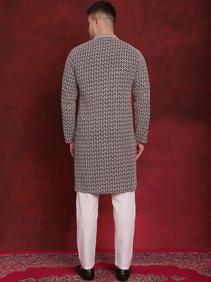 Men’s Geometric Embroidered Pure Cotton Straight Kurta with Pyjamas – Subtle Spark & Style