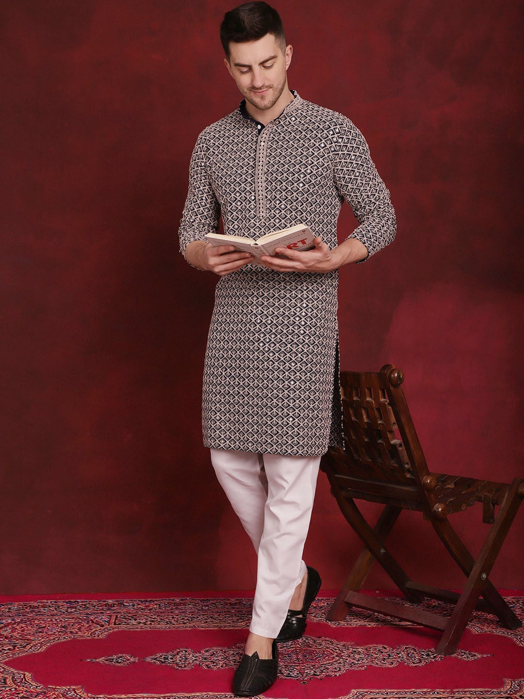 Men’s Geometric Embroidered Pure Cotton Straight Kurta with Pyjamas – Subtle Spark & Style