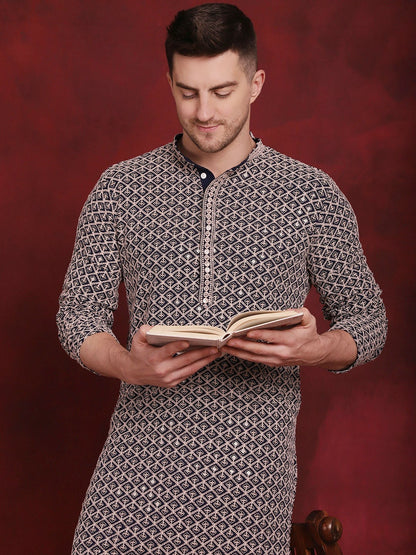 Men’s Geometric Embroidered Pure Cotton Straight Kurta with Pyjamas – Subtle Spark & Style