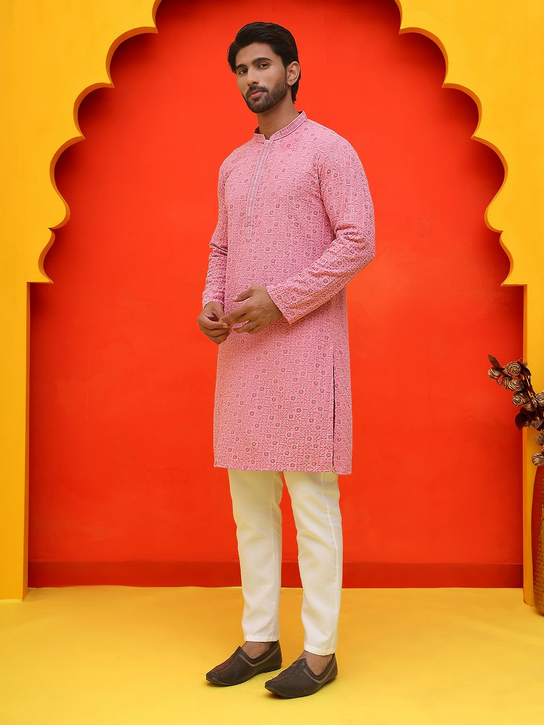 Men’s Pure Cotton Kurta with Sequinned Embroidery and Pyjamas – Subtle Festive Charm