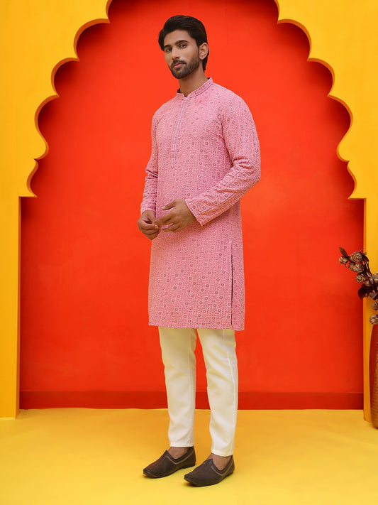 Men’s Pure Cotton Kurta with Sequinned Embroidery and Pyjamas – Subtle Festive Charm