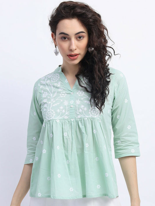 Women Mint Green Ethnic Print Mandarin Collar Top – Stylish & Comfortable | Indiaista