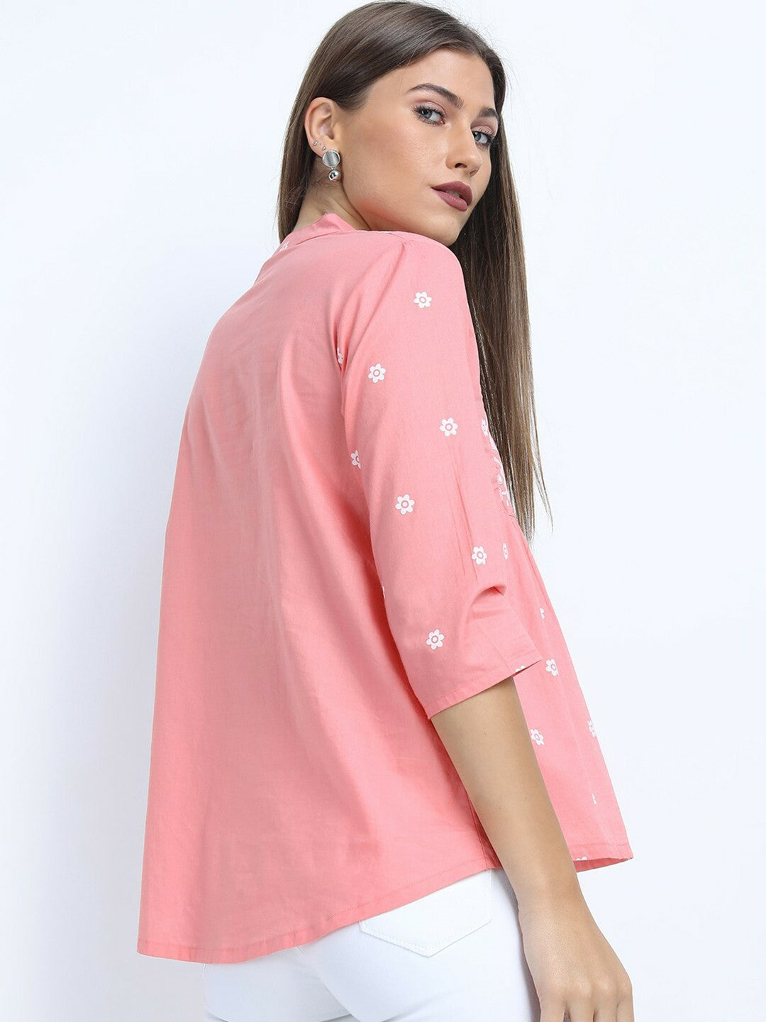 Women’s Pink Floral Mandarin Collar Top – Elegant & Stylish | Indiaista