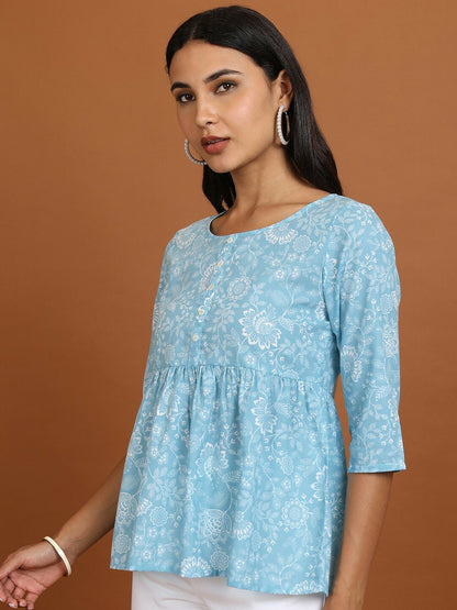 Blue & White Floral Printed Peplum Top for Women – Round Neck, 3/4 Sleeves | Indiaista