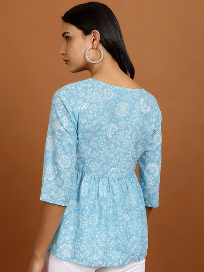 Blue & White Floral Printed Peplum Top for Women – Round Neck, 3/4 Sleeves | Indiaista