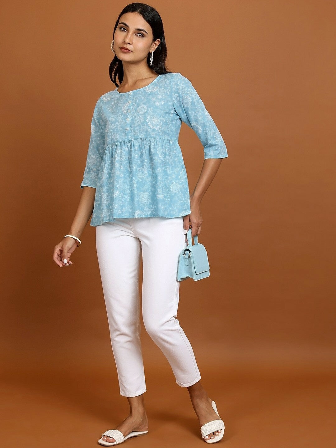 Blue & White Floral Printed Peplum Top for Women – Round Neck, 3/4 Sleeves | Indiaista