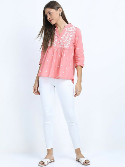 Women’s Pink Floral Mandarin Collar Top – Elegant & Stylish | Indiaista