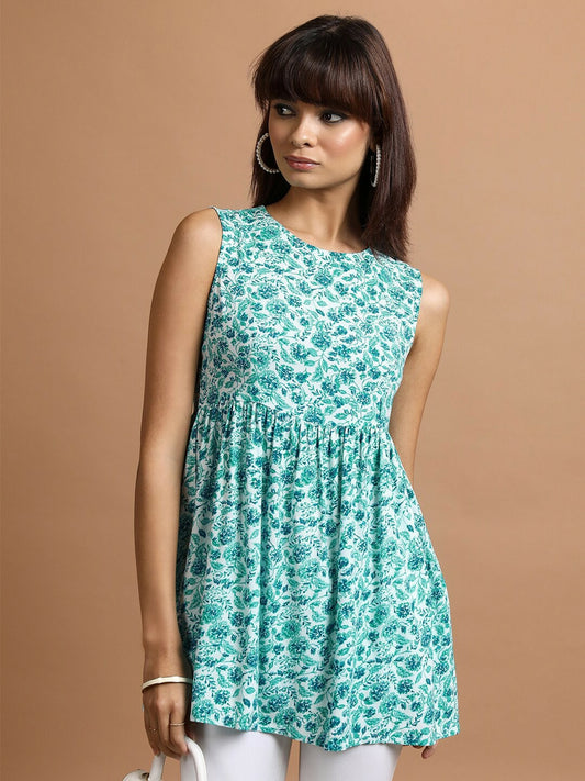 Women’s Green Floral Printed Peplum Top – Sleeveless, Round Neck, Viscose Rayon | Indiaista