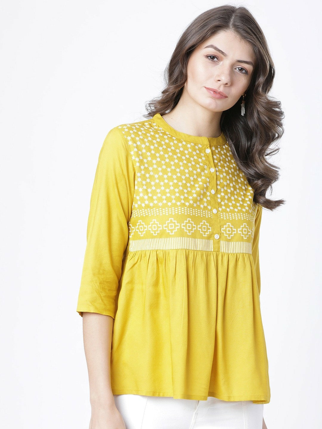 Women’s Mustard & White Printed A-Line Top – Round Neck, 3/4 Sleeves, Casual Wear | Indiaista