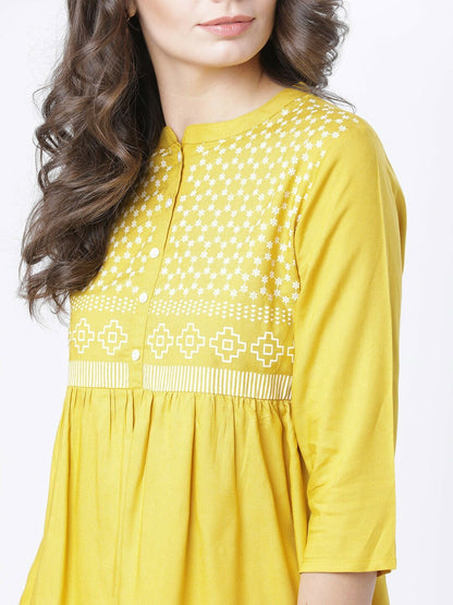 Women’s Mustard & White Printed A-Line Top – Round Neck, 3/4 Sleeves, Casual Wear | Indiaista