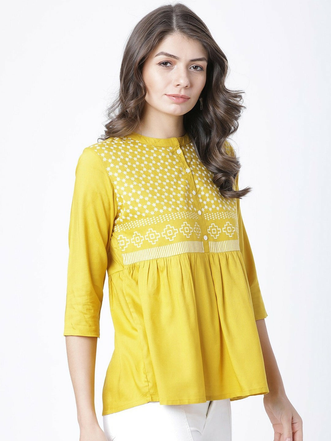 Women’s Mustard & White Printed A-Line Top – Round Neck, 3/4 Sleeves, Casual Wear | Indiaista