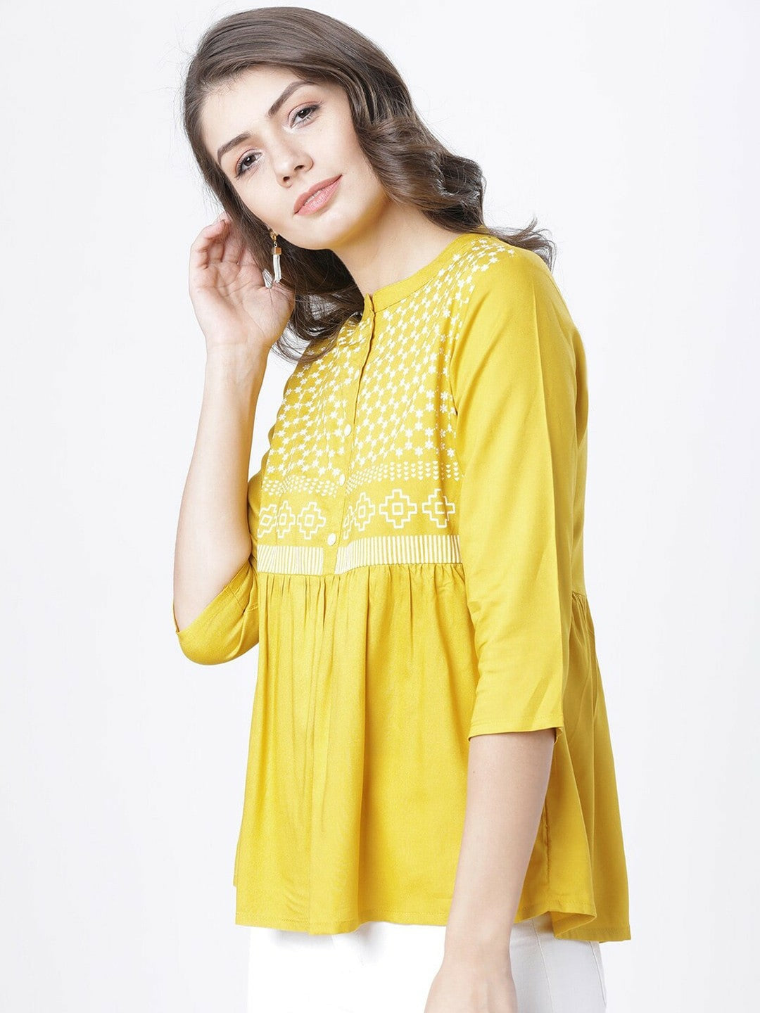 Women’s Mustard & White Printed A-Line Top – Round Neck, 3/4 Sleeves, Casual Wear | Indiaista