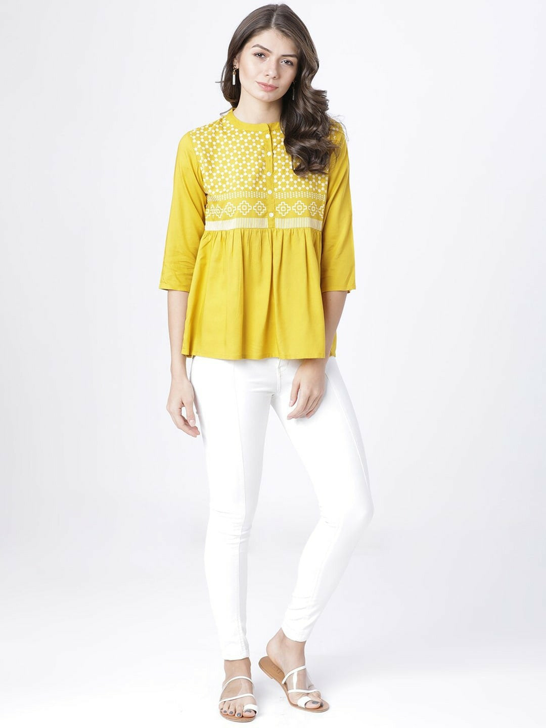 Women’s Mustard & White Printed A-Line Top – Round Neck, 3/4 Sleeves, Casual Wear | Indiaista