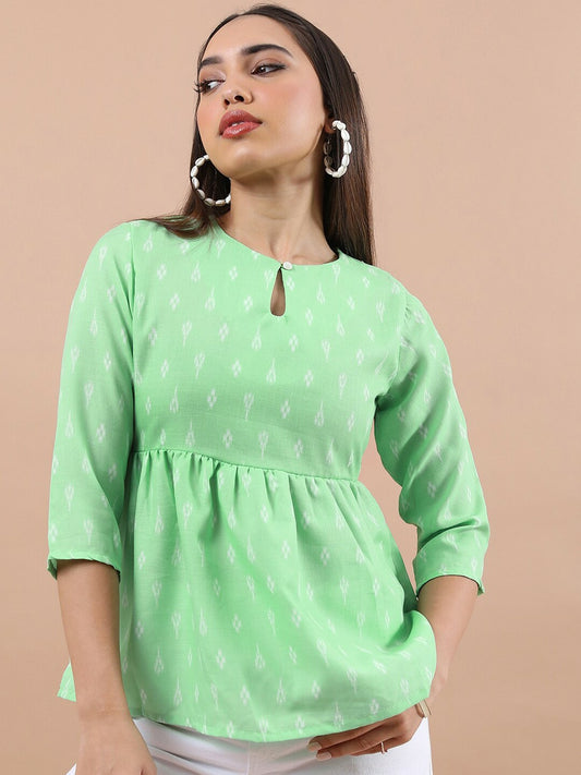 Green & White Ethnic Motif Printed A-Line Top for Women – Keyhole Neck, 3/4 Sleeves | Indiaista