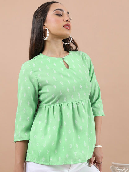 Green & White Ethnic Motif Printed A-Line Top for Women – Keyhole Neck, 3/4 Sleeves | Indiaista