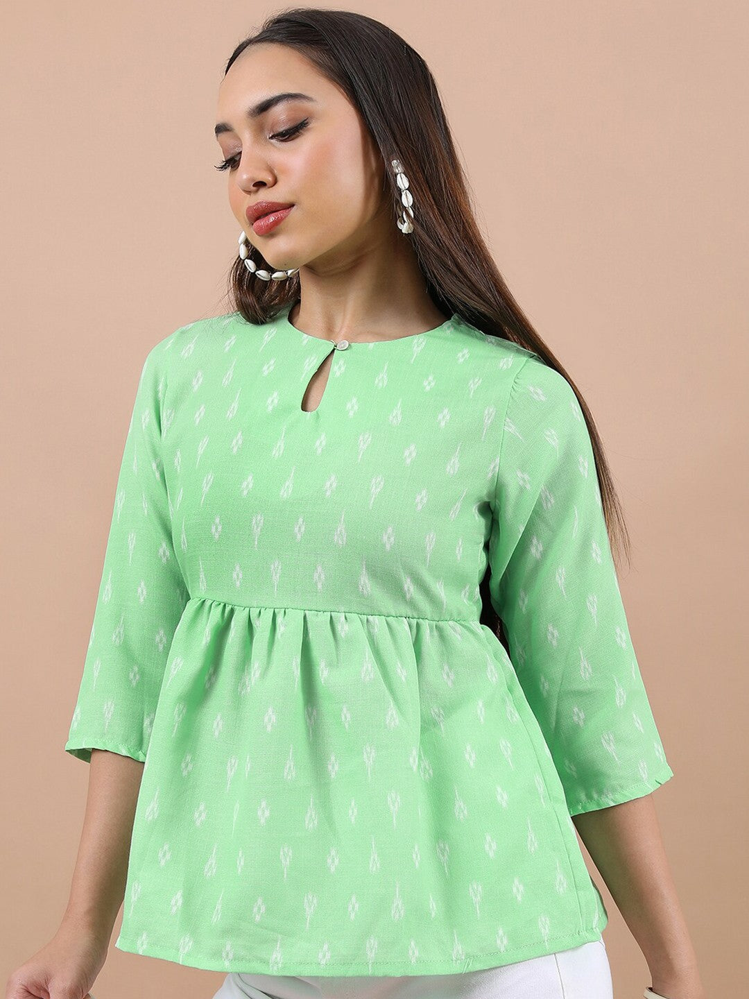 Green & White Ethnic Motif Printed A-Line Top for Women – Keyhole Neck, 3/4 Sleeves | Indiaista