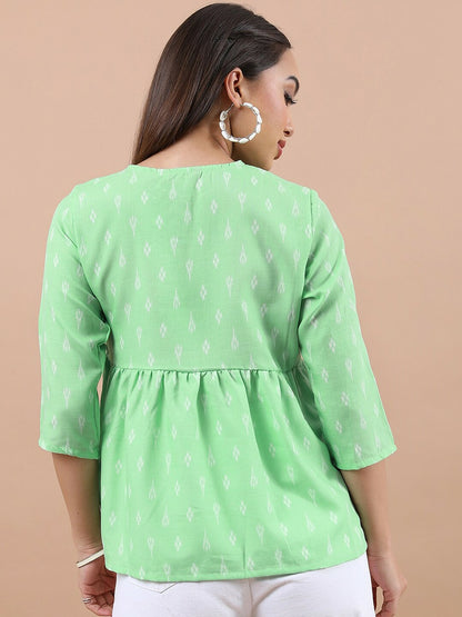 Green & White Ethnic Motif Printed A-Line Top for Women – Keyhole Neck, 3/4 Sleeves | Indiaista