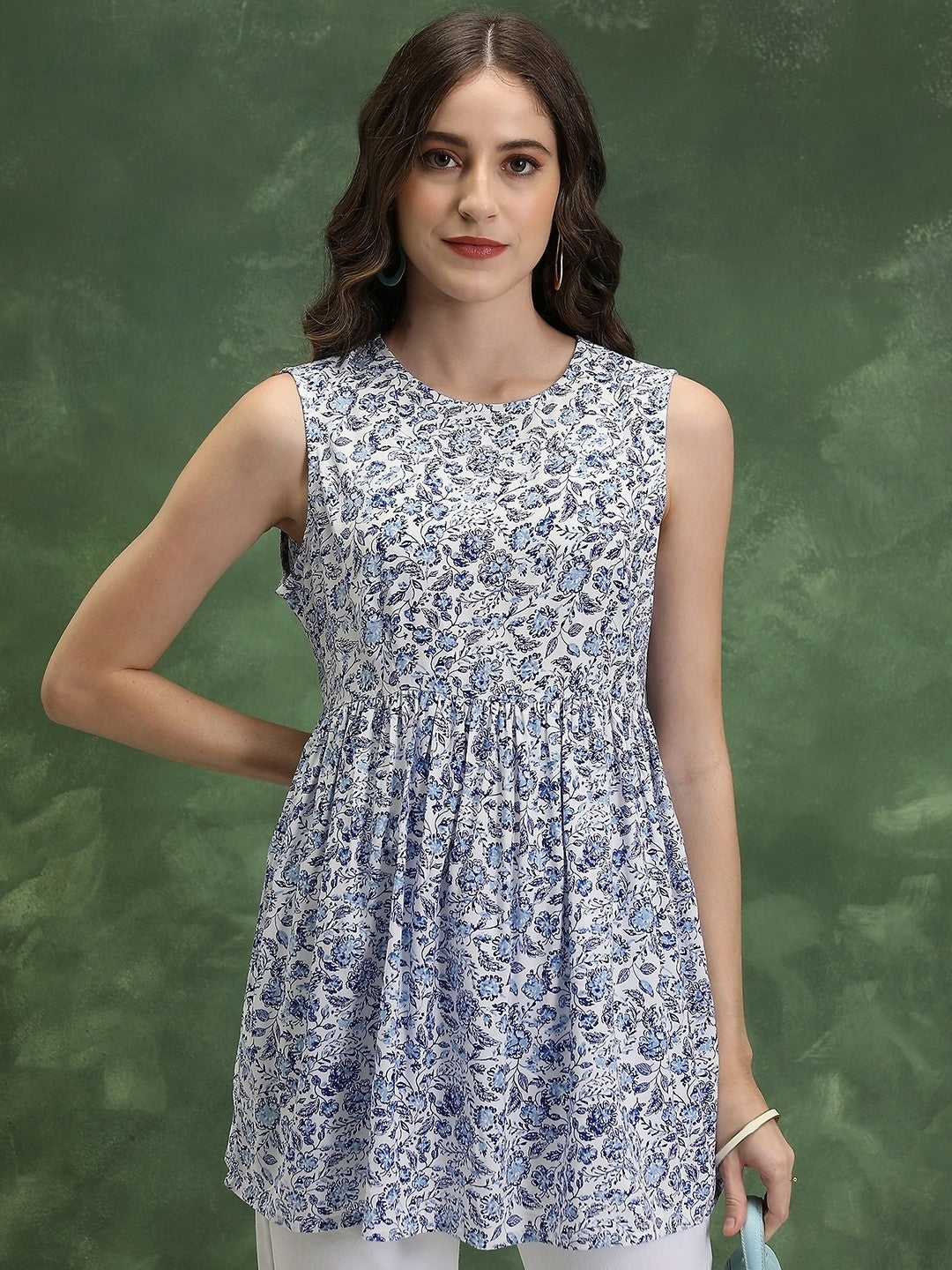 Women’s Blue Floral Peplum Top – Sleeveless, Round Neck | Indiaista