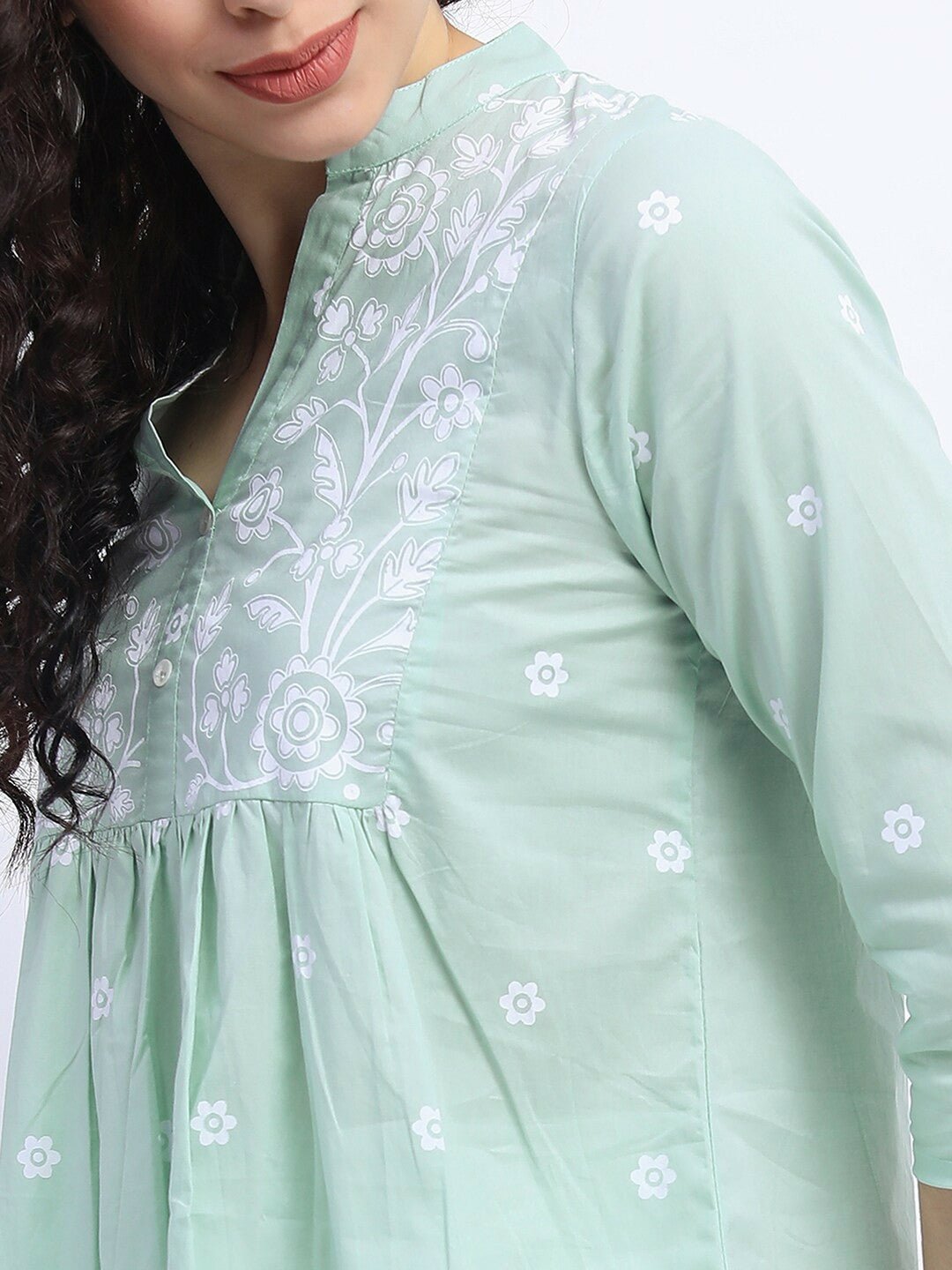 Women Mint Green Ethnic Print Mandarin Collar Top – Stylish & Comfortable | Indiaista