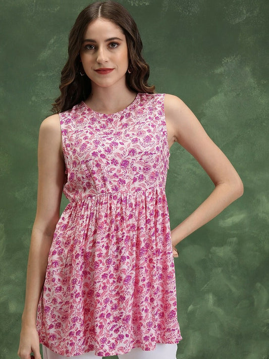 Women’s Floral Printed Round Neck Sleeveless Top – Pink | Indiaista