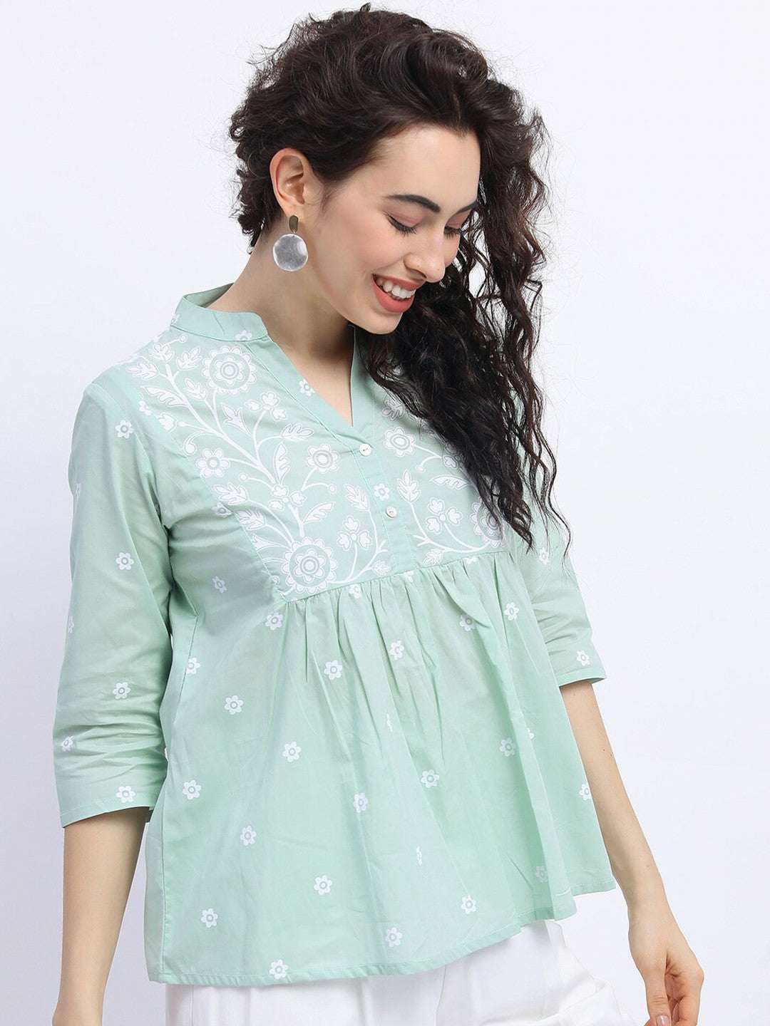 Women Mint Green Ethnic Print Mandarin Collar Top – Stylish & Comfortable | Indiaista