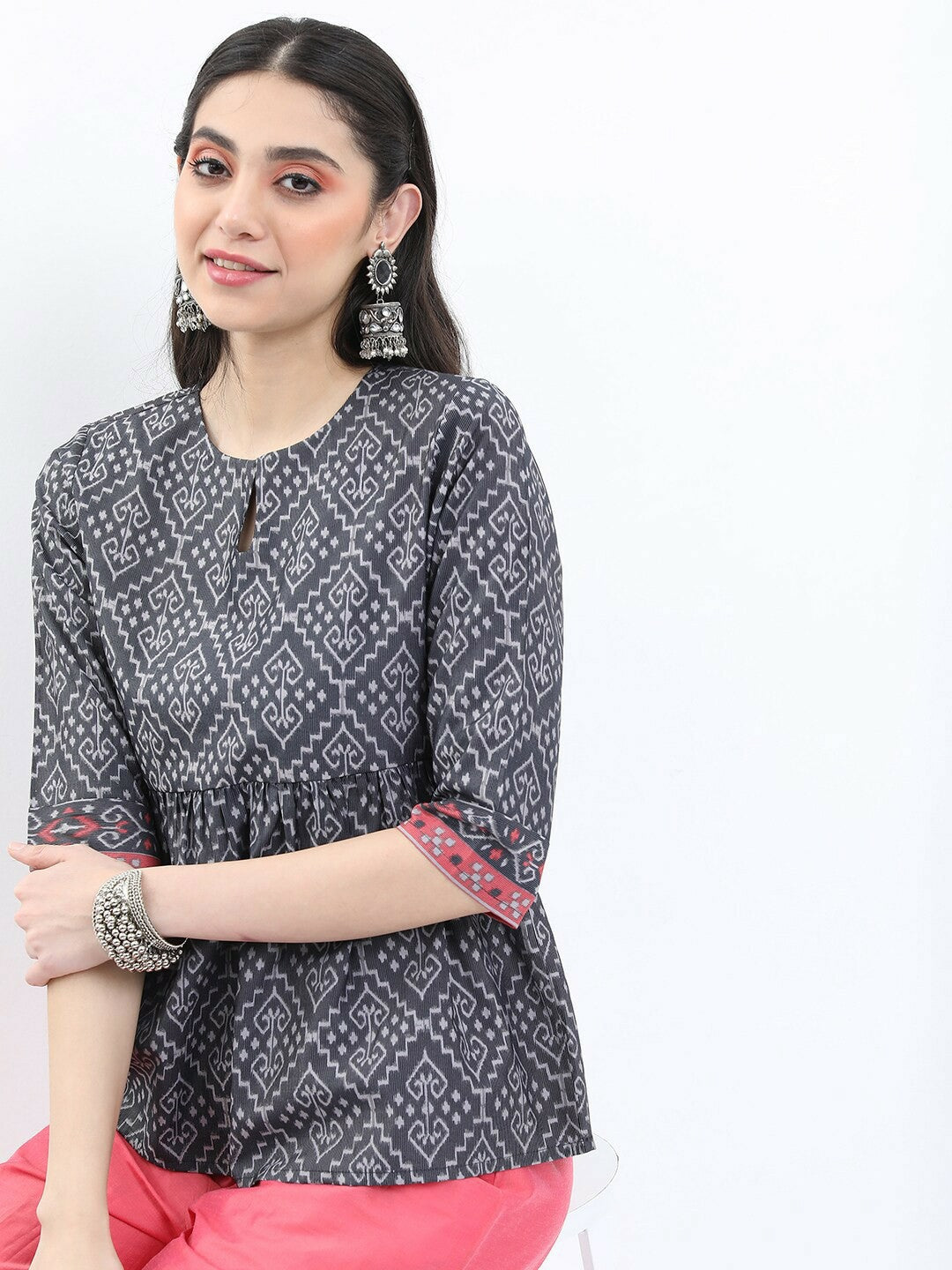 Women Ethnic Motifs Printed Keyhole Neck Top - Grey & Pink | Indiaista