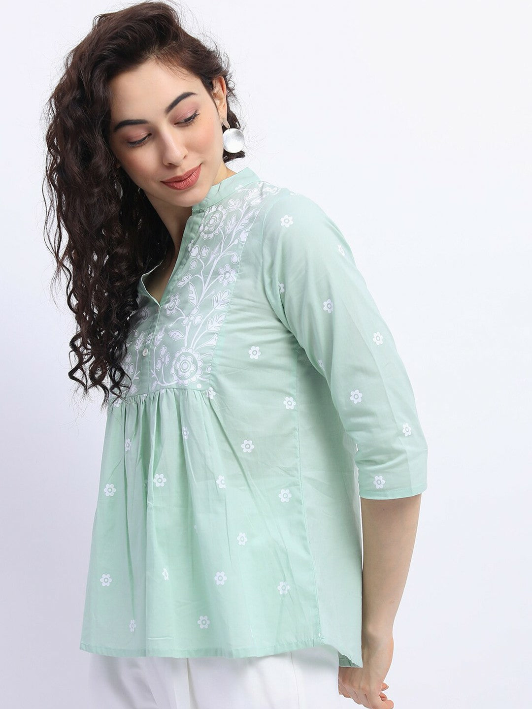 Women Mint Green Ethnic Print Mandarin Collar Top – Stylish & Comfortable | Indiaista