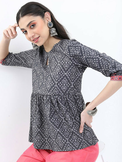 Women Ethnic Motifs Printed Keyhole Neck Top - Grey & Pink | Indiaista