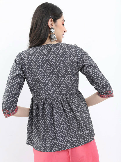 Women Ethnic Motifs Printed Keyhole Neck Top - Grey & Pink | Indiaista