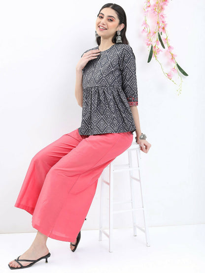 Women Ethnic Motifs Printed Keyhole Neck Top - Grey & Pink | Indiaista