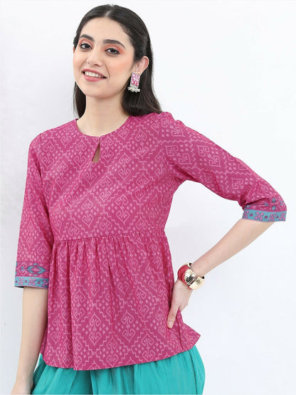 Women’s Ethnic Printed A-Line Top – Magenta, Keyhole Neck & Pleated Design | Indiaista