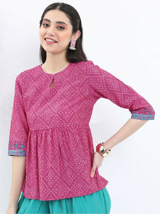 Women’s Ethnic Printed A-Line Top – Magenta, Keyhole Neck & Pleated Design | Indiaista