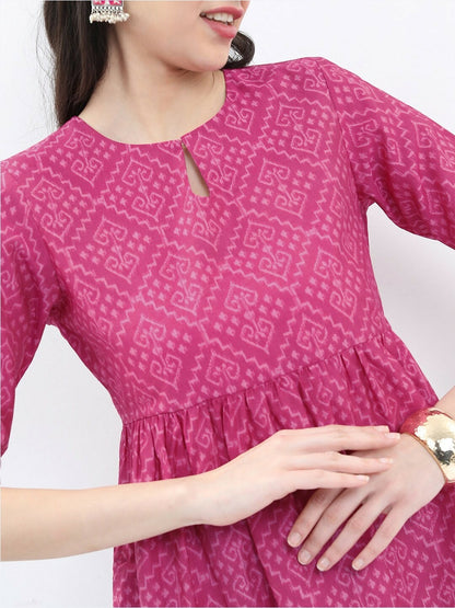 Women’s Ethnic Printed A-Line Top – Magenta, Keyhole Neck & Pleated Design | Indiaista