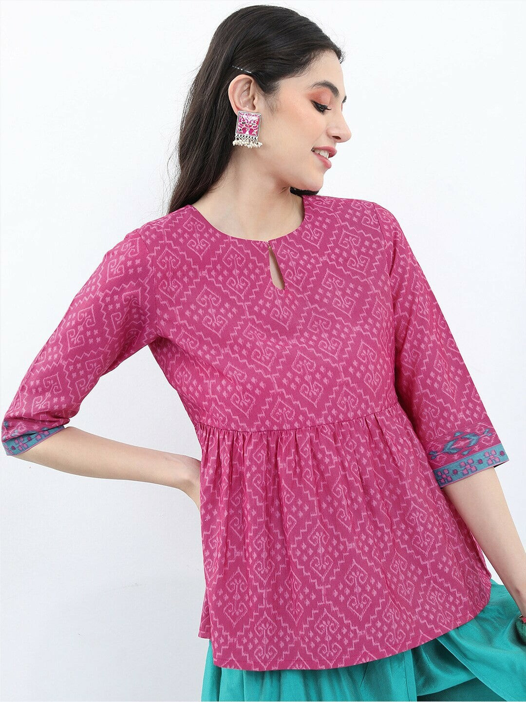 Women’s Ethnic Printed A-Line Top – Magenta, Keyhole Neck & Pleated Design | Indiaista