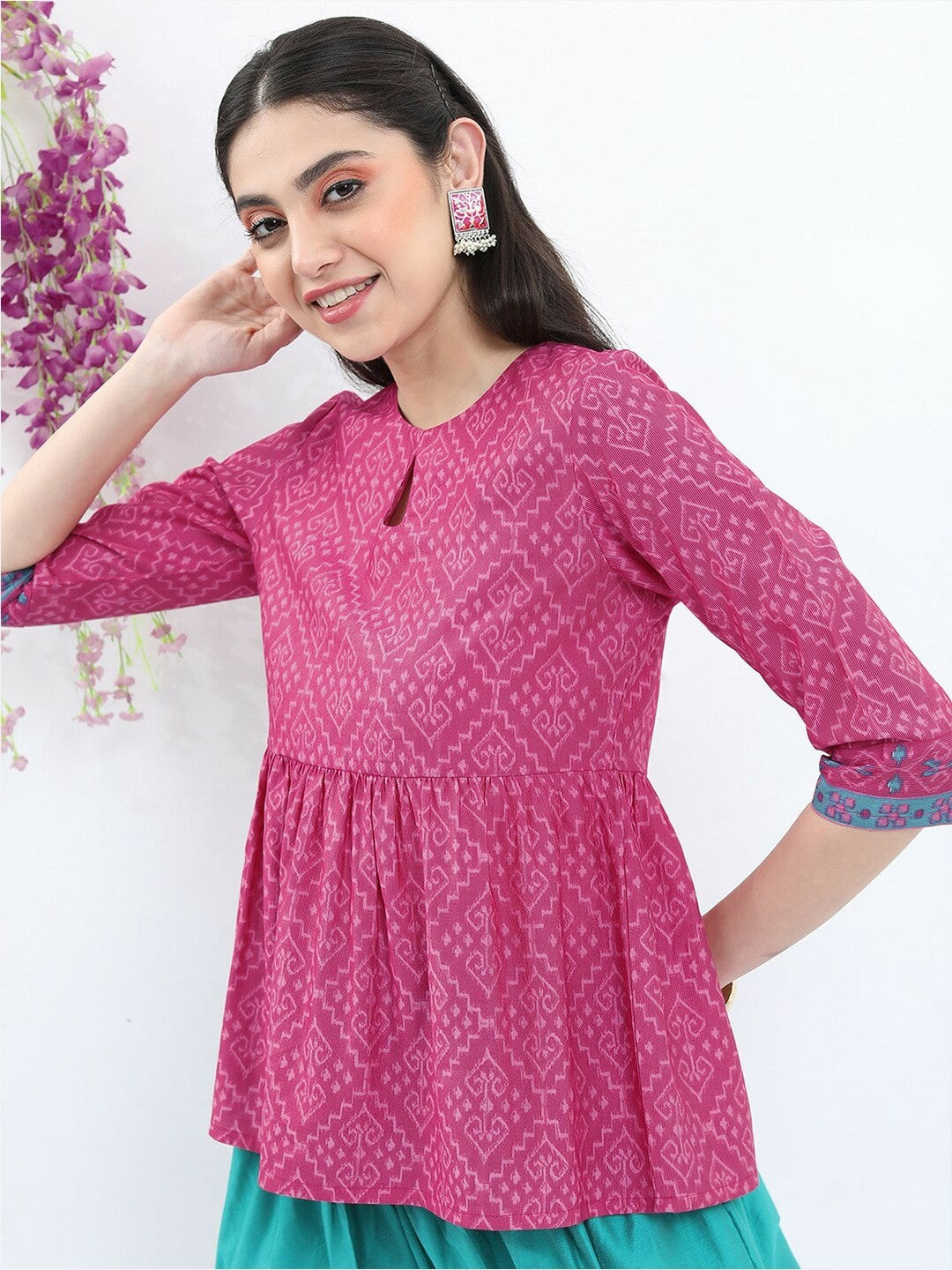 Women’s Ethnic Printed A-Line Top – Magenta, Keyhole Neck & Pleated Design | Indiaista