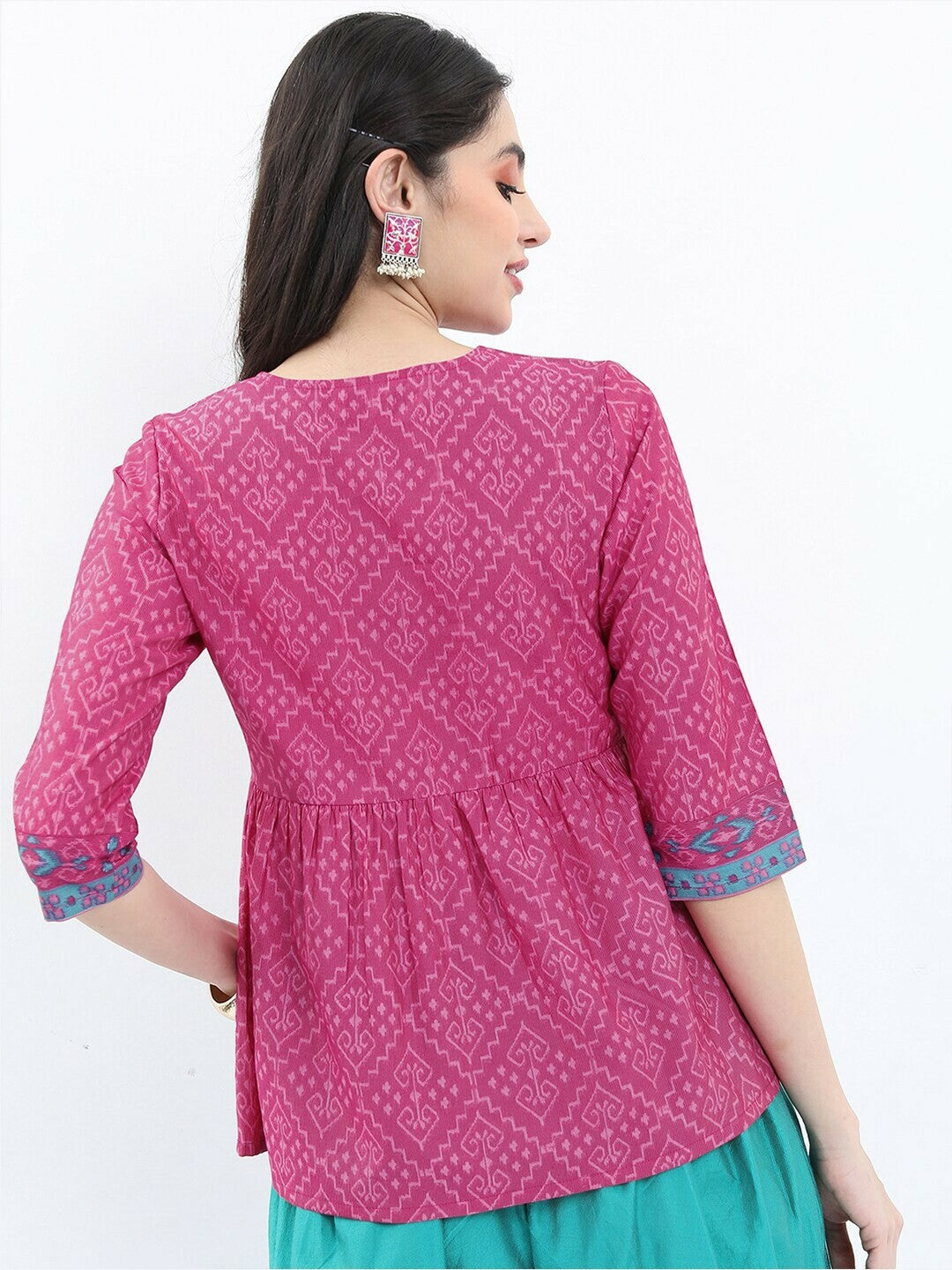 Women’s Ethnic Printed A-Line Top – Magenta, Keyhole Neck & Pleated Design | Indiaista