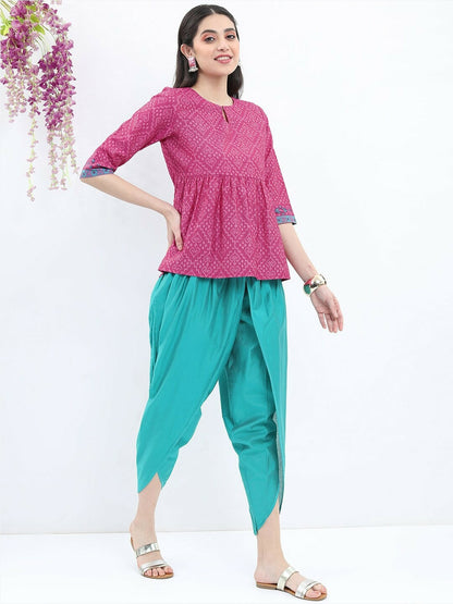 Women’s Ethnic Printed A-Line Top – Magenta, Keyhole Neck & Pleated Design | Indiaista