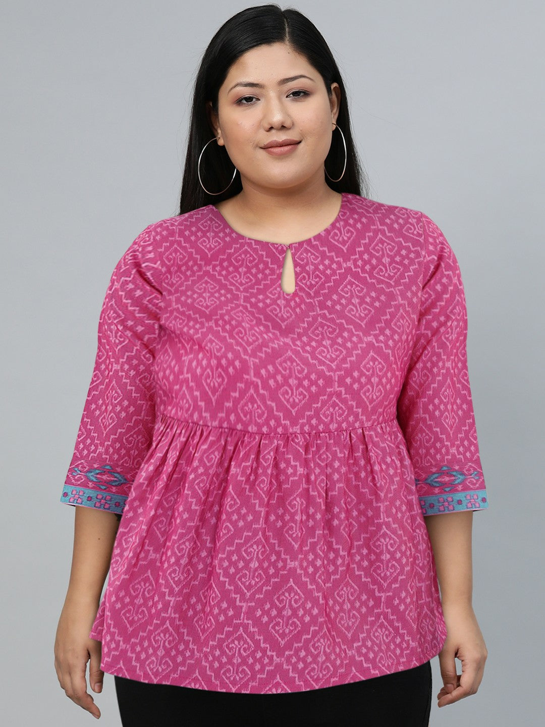 Women’s Ethnic Printed A-Line Top – Magenta, Keyhole Neck & Pleated Design | Indiaista