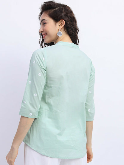 Women Mint Green Ethnic Print Mandarin Collar Top – Stylish & Comfortable | Indiaista