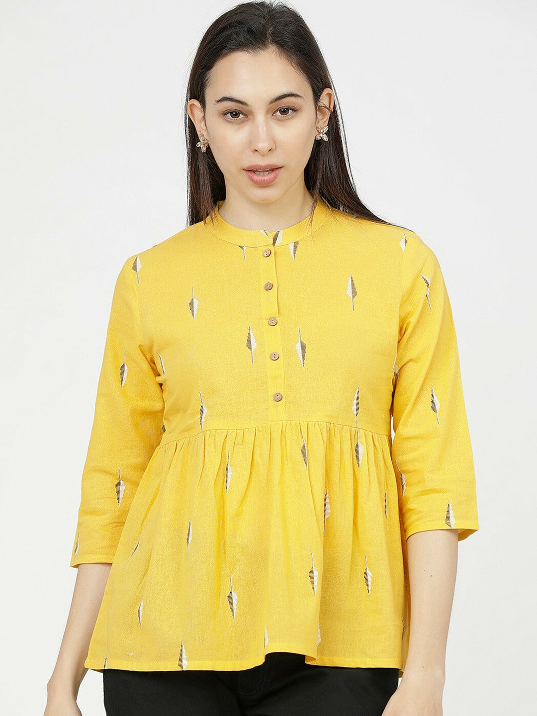 Women’s Yellow Geometric A-Line Top – Mandarin Collar & 3/4 Sleeves | Indiaista