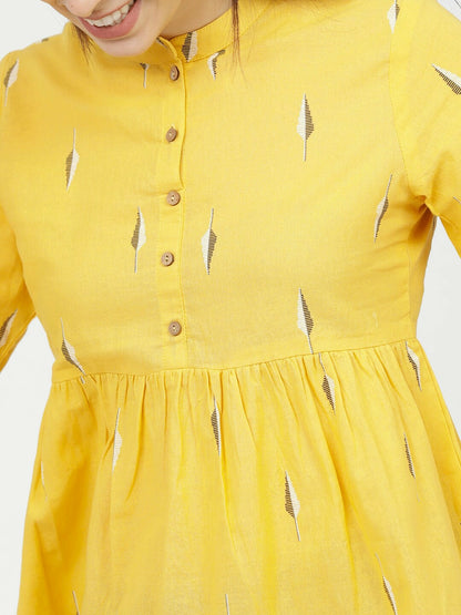 Women’s Yellow Geometric A-Line Top – Mandarin Collar & 3/4 Sleeves | Indiaista