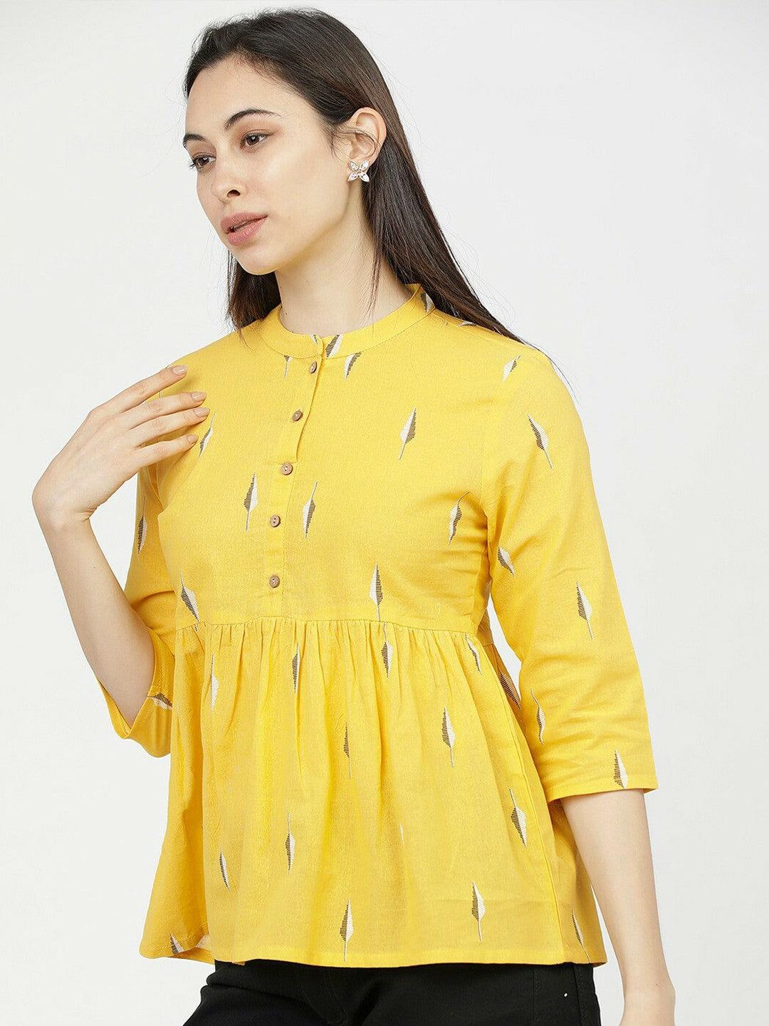 Women’s Yellow Geometric A-Line Top – Mandarin Collar & 3/4 Sleeves | Indiaista