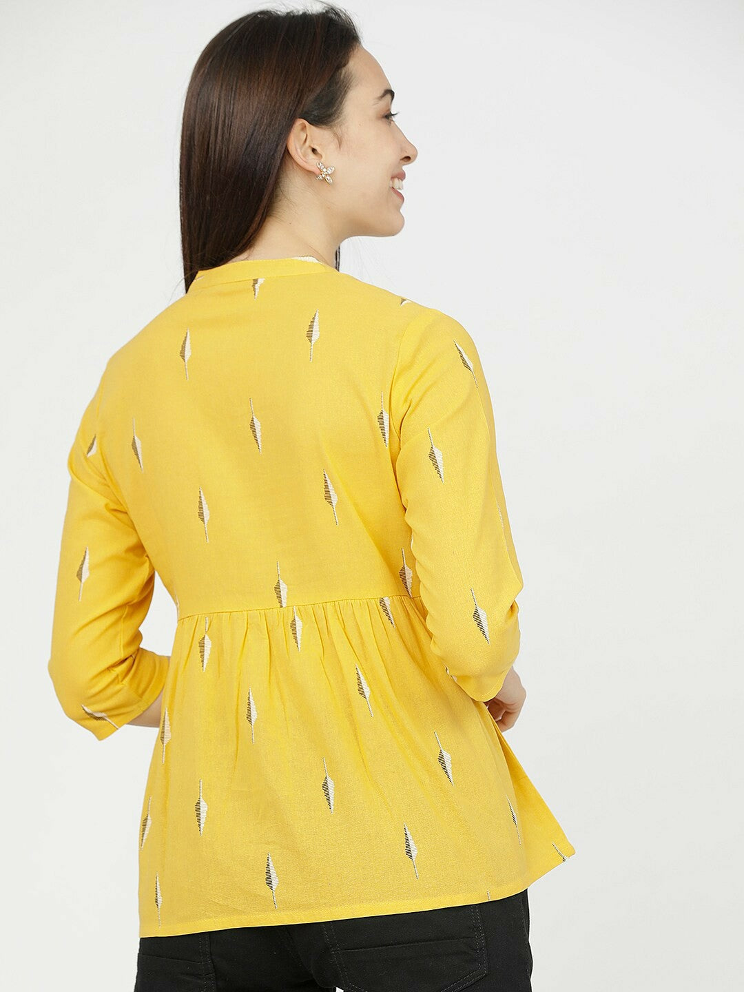 Women’s Yellow Geometric A-Line Top – Mandarin Collar & 3/4 Sleeves | Indiaista