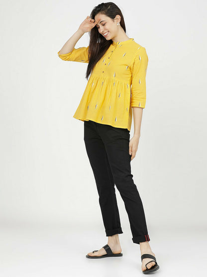 Women’s Yellow Geometric A-Line Top – Mandarin Collar & 3/4 Sleeves | Indiaista