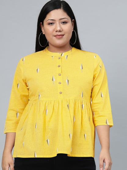 Women’s Yellow Geometric A-Line Top – Mandarin Collar & 3/4 Sleeves | Indiaista