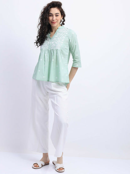 Women Mint Green Ethnic Print Mandarin Collar Top – Stylish & Comfortable | Indiaista