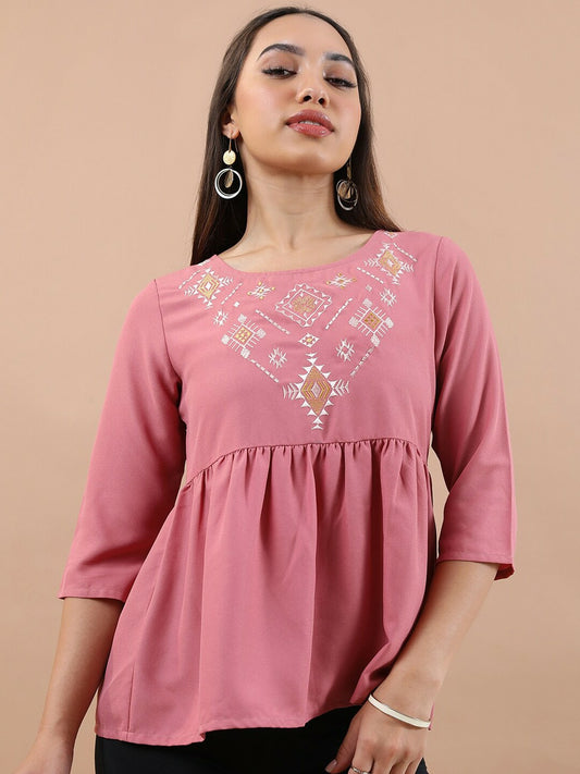 Women’s Pink Peplum Top – Ethnic Embroidered, Round Neck & 3/4 Sleeves | Indiaista