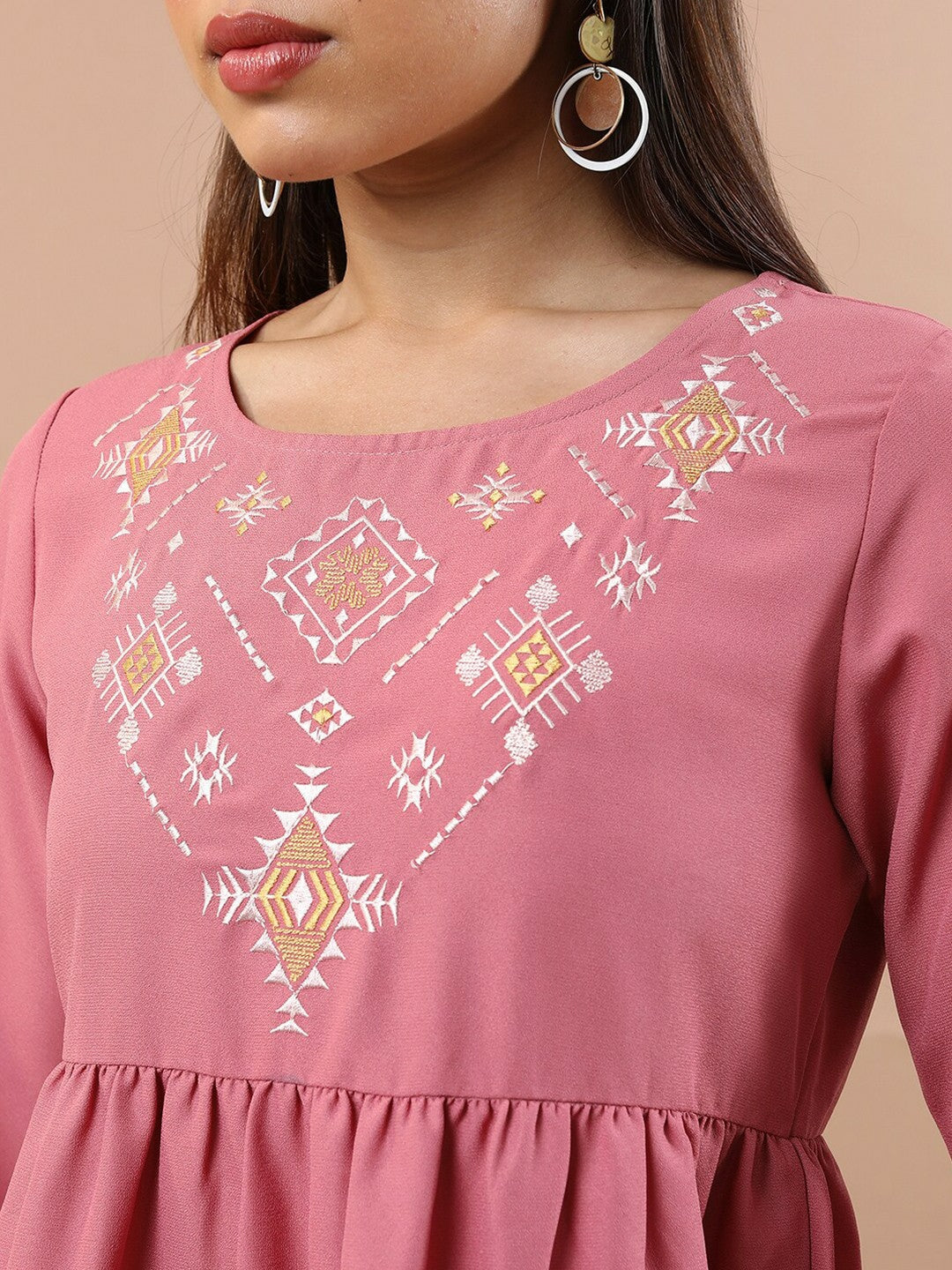 Women’s Pink Peplum Top – Ethnic Embroidered, Round Neck & 3/4 Sleeves | Indiaista